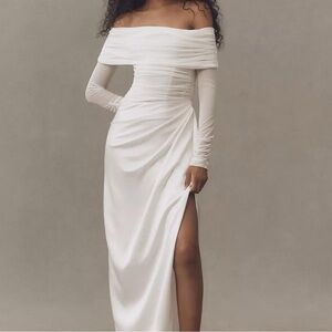 BHLDN Off-Shoulder Mixed Mesh & Satin Wrap Maxi Dress